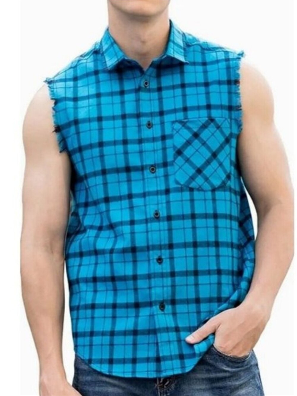Logeeyar Shirt Top Mens Size XXL Blue Plaid Distressed Frayed Sleeves Cabin Core